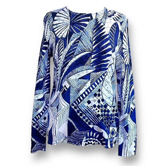 J McLaughlin Womens Lenny Sweater Sz M Blue White Royal Palm Print Coastal Knit - Picture 1 of 7